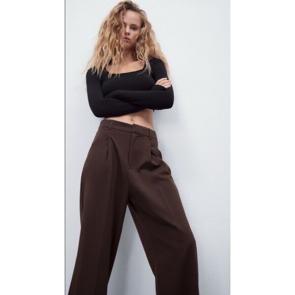 Zara Pants - Zara Chocolate Brown Front Pleat Trousers XS Wide Leg